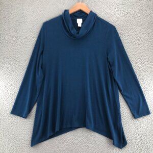 Chicos Sweater Womens 2 US Large Blue Long Sleeve Turtleneck Stretch Knit Tunic